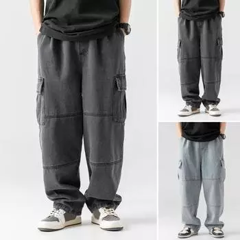 Мужские джинсовые брюки, регулируемые, с завязками, из выстиранной ткани, с карманами, свободные, однотонные M чёрный