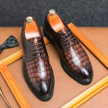 Men Derby Shoes PU Lace Up Thick Sole Heightened Pointed Leather Shoes Comfortable Wedding Groom Shoes for Business Banquets 38 чёрный