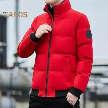 Мужская куртка-пуховик с воротником-стойкой, длинными рукавами, застежкой-молнией, эластичным подолом, однотонным, с двумя боковыми карманами, ветрозащитным утолщенным пуховым пальто L чёрный