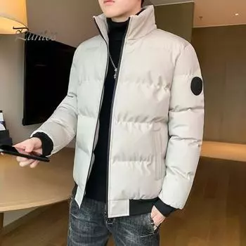 Мужская куртка-пуховик с воротником-стойкой, длинными рукавами, застежкой-молнией, эластичным подолом, однотонным, с двумя боковыми карманами, ветрозащитным утолщенным пуховым пальто L красный