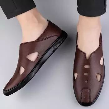 Мужские сандалии для вождения, удобные, полые, нескользящие, мягкие, прохладные, легкие, дышащие, универсальные, перфорированные, универсальные, повседневные, кожаные сандалии 37 чёрный