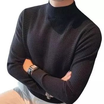 Men Fall Winter Sweater Thick Half-high Collar Knitted Solid Color Elastic M синий