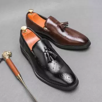 Men Fashion Brogue Carving Breathable Loafers Gentleman Slip-On Business Shoes Party Shoes Office Shoes Wedding Black Dress Shoe 38 чёрный