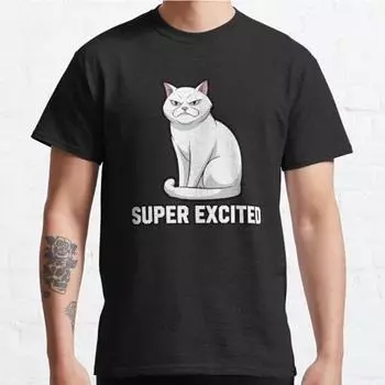 Men Fashion Casual Short Sleeves Super Excited Grumpy White Cat Black Tees Oversized T-shirts S чёрный