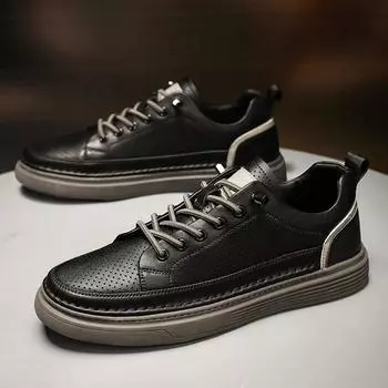 Men Fashion Designer Vulcanized Shoes 2024 Soft Sole Hollow Out Sports Shoes Genuine Leathe Trend Thick Sole Comfy Casual Shoes 38 чёрный