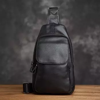 Men First Layer Cowhide Casual Shoulder Handmade Chest Bag Black