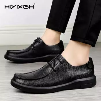Men First Layer Cowhide Fashion Casual Shoes Male Genuine Leather Outdoor Loafer Moccasins Breathable Comfy Leisure Driving Shoe 37 чёрный