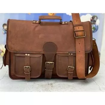 Men Genuine Brownish Leather Vintage Laptop Messenger Briefcase Bag Satchel 16 x 12 x 5 in