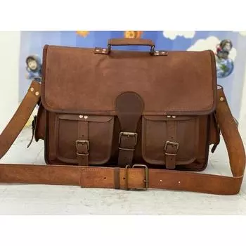 Men Genuine Brownish Leather Vintage Laptop Messenger Briefcase Bag Satchel 13 x 10 x 4 in