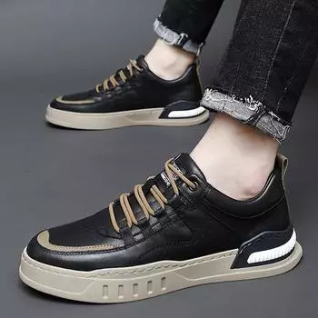 men Genuine Leather Casual shoes lace up black whote leisure sneakers shoes zapatos mujer men s male Tennis Sneakers shoes 6.5 чёрный