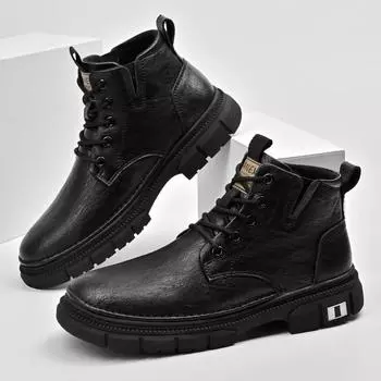 Men Genuine Leather Motorcycle Boots Lace Up Short Ankle Boots for Men New Trend Fashion Man Outdoor Platform High Top Footwear 38 чёрный