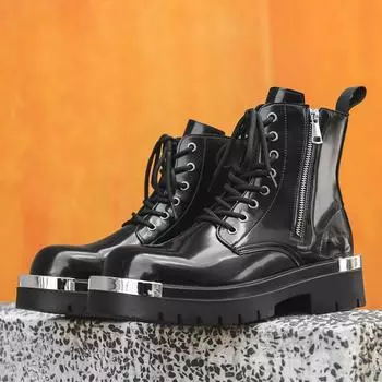 Men Genuine Leather Round Toe Boots Casual Leather Comfy High Top Boots Fashion Designer Lace-Up Ankle Boot Outdoor Walking Shoe 38 чёрный