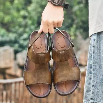 Men Genuine Leather Sandals Slippers Solid Color Flat Bottomed Non Slip Breathable Casual Outdoor Beach Shoes Large Size 37-46 37 чёрный