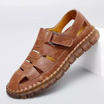 Men Genuine Leather Shoes Hollow Out Men s Sandals Durable Handmade Stitching Summer Flats Non Slip Outdoor Male Beach Footwear 38 чёрный