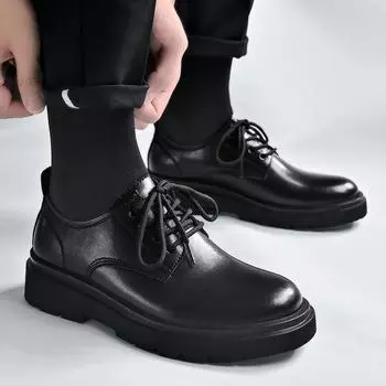 Men genuine Leather Shoes lace up High Quality Men Casual Natural Leather Oxford Elegant Lace-up Solid black Working Shoes men 6.5 чёрный