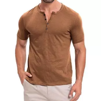 Men Henley Collar Tshirts Men Casual Solid Color Short Sleeve T Shirt Mens T Shirts Streetwear New Arrival Tops Tees M хаки