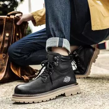 Men High-top Fashion Chelsea Boots Motorcycle and Ankle Boots Handmade Boots Men Leather Shoes Men Casual Thick Soled Shoes 38 чёрный