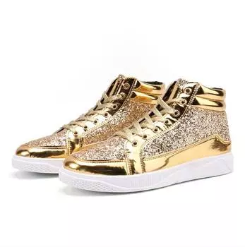 Мужские высокие золотые блестящие кроссовки на шнуровке, черные балетки на платформе, золотые туфли, мужские блестящие серебряные туфли 38 чёрный