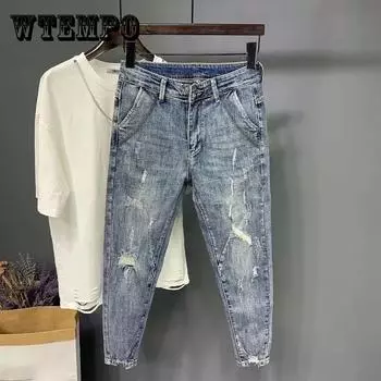 Мужские джинсы Hollow Fit Джинсовые брюки Slim Fit Джинсовые брюки Ripped Copped Bottoms Stretch Брюки Personality Streetwear Clubwear Средняя талия 36 синий