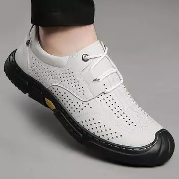 Men Hollow Out Four Seasons Black / White Versatile Soft Sole Genuine Leather Casual Shoes Men s Classic Breathable Casual Shoes 38