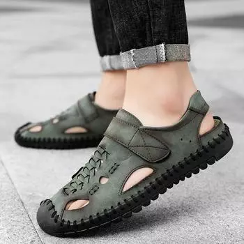 Men Hollow Out Sandals Soft Leisure Outdoor Shoes Breathable Genuine Leather Casual Shoes Men Classics Fashion Flats Wading Shoe 38 чёрный