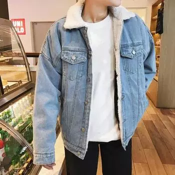 Men Jacket Lapel Long Sleeve Denim Fabric Coat with Flap Pockets Thickened Velvet XXL чёрный