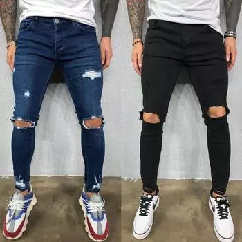 Men Jeans Knee Hole Ripped Stretch Skinny Denim Pants Solid Color Hip-Hop Style Slim Fit Trousers S-3XL XXXL чёрный