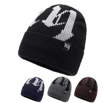 Men Knitted Hat Color Matching Letter Wool Hat Velvet Winter Outdoor Warm Hat чёрный