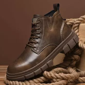 Men Lace Up High Top Boots Autumn and Winter Velvet Warm Boots Fashionable Thick Sole Mid Top Boot Outdoor British Fashion Boots 38