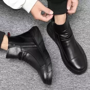 Men Leather Boots Winter Warm Snow Boots High Quality Cow Suede Fur Mens Shoes Plush Fashion Man Rubber Ankle Bootsgg7 39 чёрный