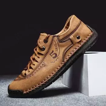 Men Leather Casual Shoes Autumn Fashion Soft Homme Classic Ankle Non-slip Flats Moccasin Shoes Outdoor Comfortable Walking Shoes 39 коричневый