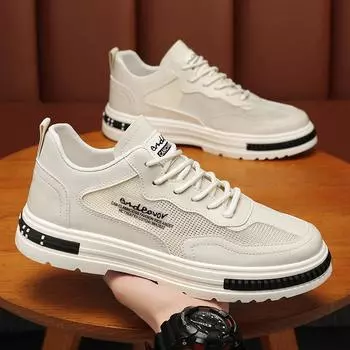 Men Leather Casual Shoes Trendy Breathable Hollow Platform Sneakers Male Vulcanized Shoe Fashion Non Slip Works Shoes Zapatillas 39 бежевый