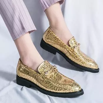 Мужская кожаная модная мужская повседневная обувь с яркой пряжкой и золотым металлическим носком, мужская обувь для вождения, туфли на плоской подошве для вечеринок, парикмахерская обувь 38 синий