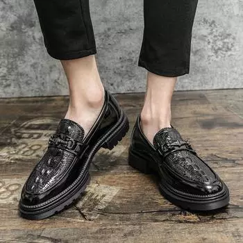 Men Leather Oxford Crocodile Pattern Genuine Leather Classic Men Dress Shoes Black One Foot Loafers Men Iron Buckle Casual Shoes 38
