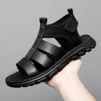 Men Leather Sandals Street Fashion Trends Summer Roman Shoes Men Casual Comfortable Soft Beach Footwear Flats Anti-slip Wearable 38 чёрный