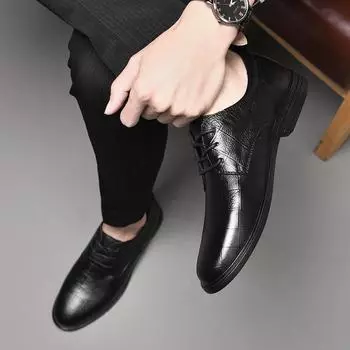 Men Leather Shoes Business Dress Shoes All-Match Casual Shoes Footwear Wear-Resistant Men s Plaid Striped Leather Casual Shoes 38 чёрный
