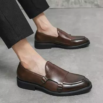 Men Loafers Brown Breathable Double Buckle Monk Shoes Mocassins Big Size 46 Men Casual Shoes Penny Shoes British Gentleman Shoes 38 чёрный