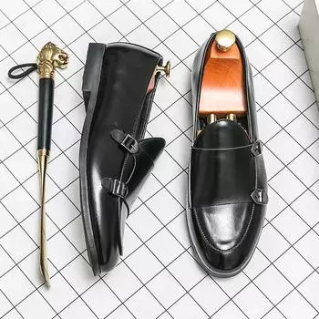 Men Loafers Double Buckle Black Brown Monk Shoes Pu Shoes for Men with Size 38-48 Mens Dress Shoes 38 чёрный