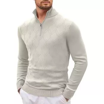 Men Long Sleeves Standing Collar Half Zipper Knitted Sweater L