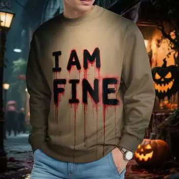 Men Men s Halloween Bloody I AM FINE Letter Printed Crew Neck Hooded Sweatshirt Long Men Cotton Sweat Suits S
