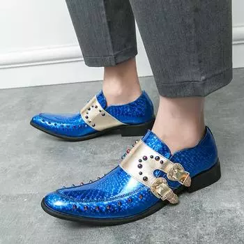 Мужские монки синие танцевальные туфли лакированные кожаные туфли зеленые свадебные платья блейзеры для выпускного вечера смокинги праздничные туфли большого размера EU:38 синий