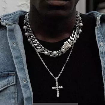 Men Necklace Sparkling Rhinestones Pendant Sweater Chain Hip Hop Style Titanium Steel серебряный