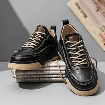 Men Non-slip Flat Jogging Shoes Classics Skateboarding Lace-Up Mens Casual Flats Genuine Leather Student Sport Casual Sneakers 38 чёрный