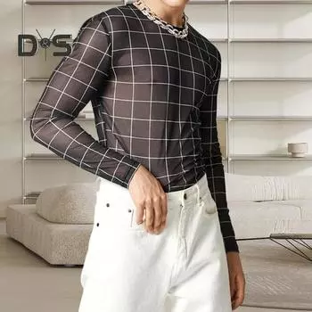 Мужская футболка-пуловер с длинным рукавом и круглым вырезом, клетчатый узор, прозрачная сетчатая футболка, облегающая, тонкая, клубная одежда L чёрный