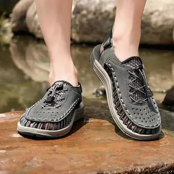 Men Outdoor Hiking Sandals Handmade Summer Black Roman Sandals Wide Close Toe Grey Beach Water Shoes Plus Size EU:45 чёрный