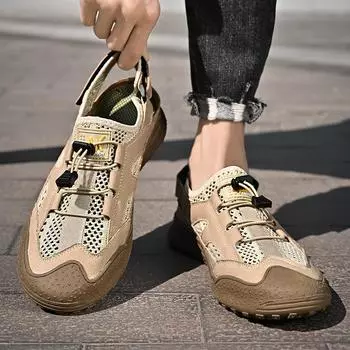 Men Outdoor Summer driving shoes Mesh Water Sports Shoes Sandal Flats 2024 Male Hiking Sandalias Hollow Breathable Casual Shoes 38 чёрный