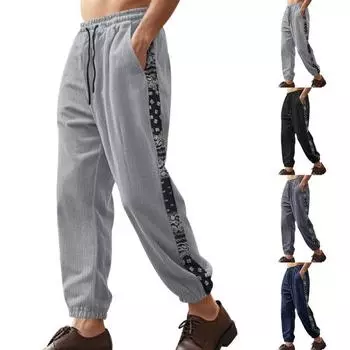 Men Pants Drawstring Elastic Waist Ankle-banded Loose Cashew Flower Printing Curduroy Sweatpants Streetwear High Street Trousers L темно-синий