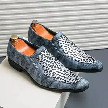 Men Pointed Loafers PU Patchwork Low Heel Personalized Nightclub Hairstylist Shoes Banquet Wedding Men Shoes 38 синий