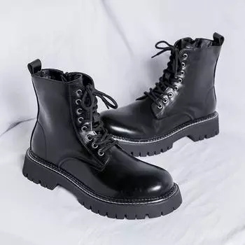 Men PU High Top Lace Up Thick Sole Denim Boots with Fashionable Side Zipper and Round Head for Classic Business Casual Boots 38