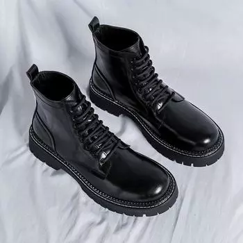 Men PU Mid Top Lace Up Thick Sole Denim Boots Fashion Side Zipper Round Head Comfortable Classic Business Casual Boots 38